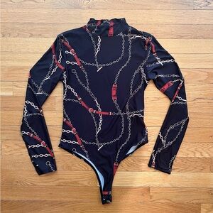 Black long sleeve body suit with chain print and mock turtle neck